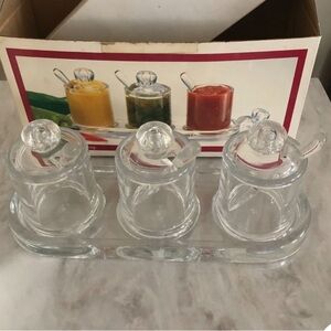 NWT Olde Thompson Small 3 Jar Condiment Set With Tray Clear Acrylic